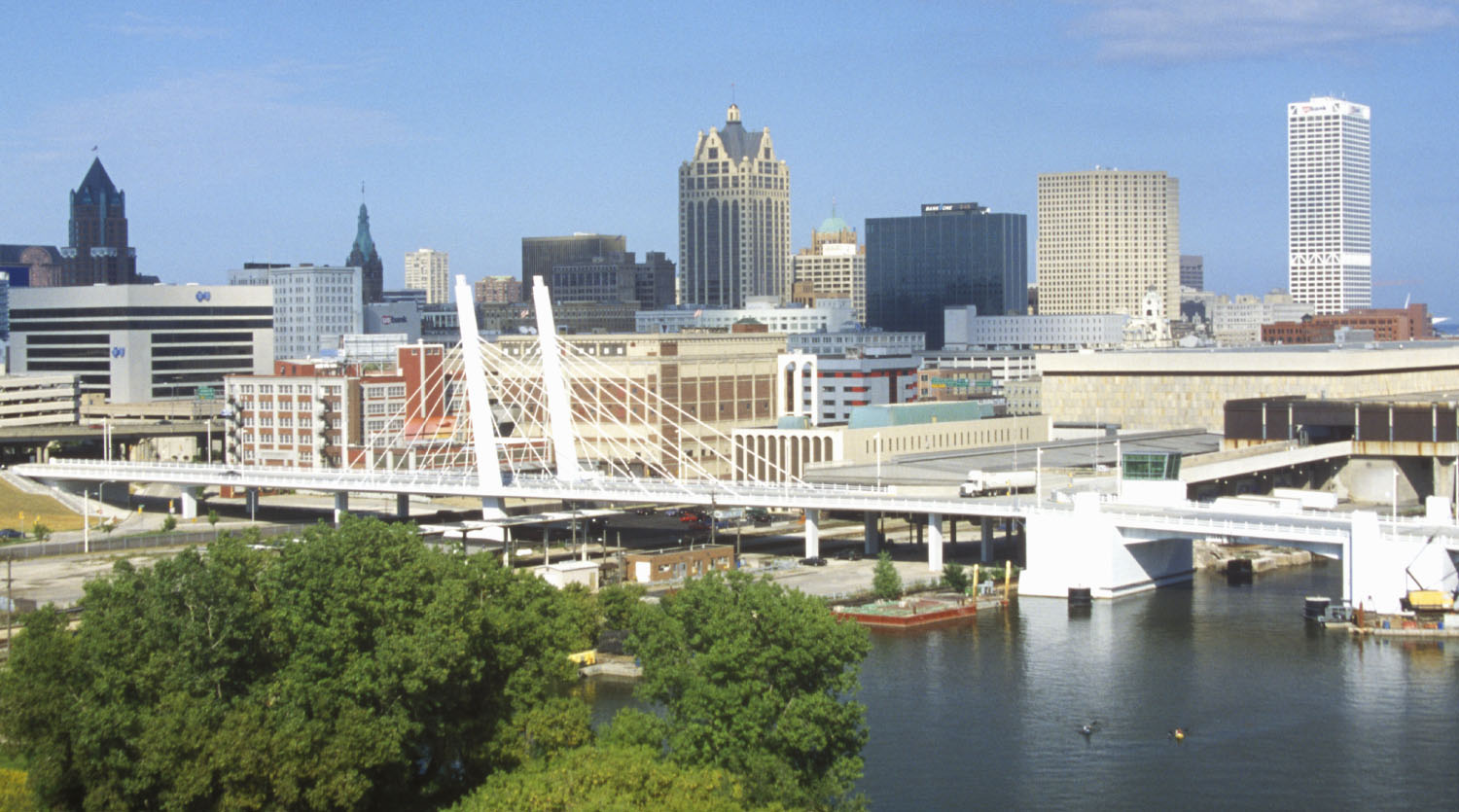 A bridge over a river in downtown Milwaukee