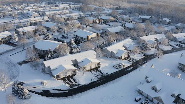 An aerial view of snowy streets