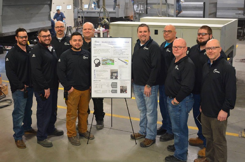 Group of people around a poster