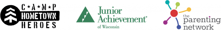 Camp Hometown Heroes, Junior Achievement or Wisconsin, and the Parenting Network logos