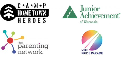 Camp Hometown Heroes, Junior Achievement or Wisconsin, and the Parenting Network, and MKE Pride Parade logos